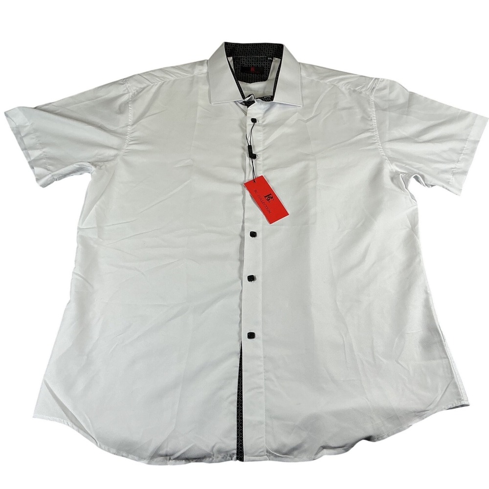 BC Collection Mens White Short Sleeve Button Down Shirt 2XL‎ Contrast Trim NWT